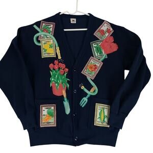 Vtg Fruit of the Loom Fleece Cardigan Womens OSFA Navy Blue Patched Garden